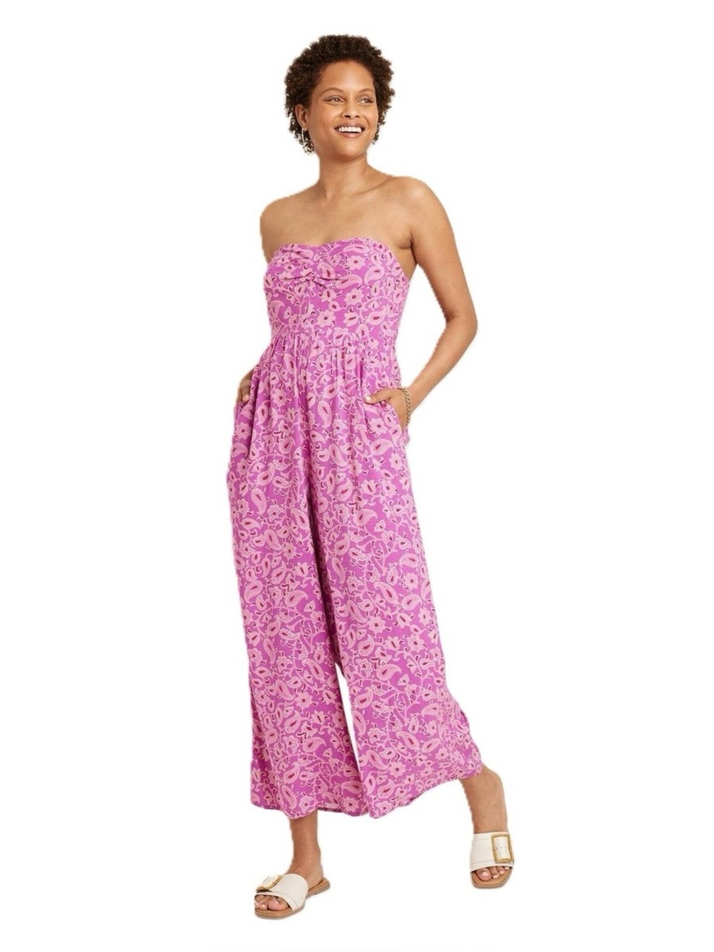 Knox Rose Pink Paisley Smocked Wide Leg Jumpsuit Size XL